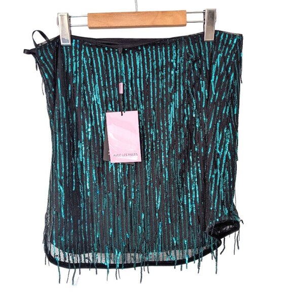 Avec Les Filles Sequined Fringed Short Skirt Flapper Sequins Black Blue Green - Picture 2 of 8